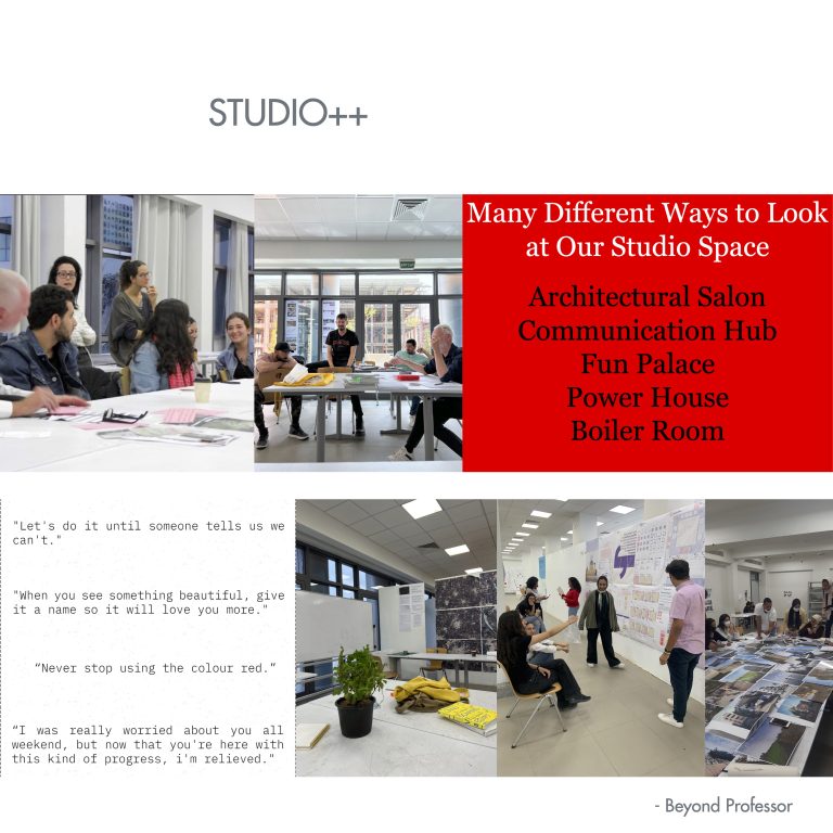 A collage titled STUDIO++ with photos of the studio space from the Beyond Geography seminar