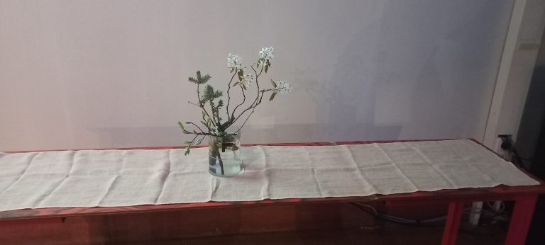 A long table with a white runner and a vase of white flowers, set for the Beyond Geography seminar
