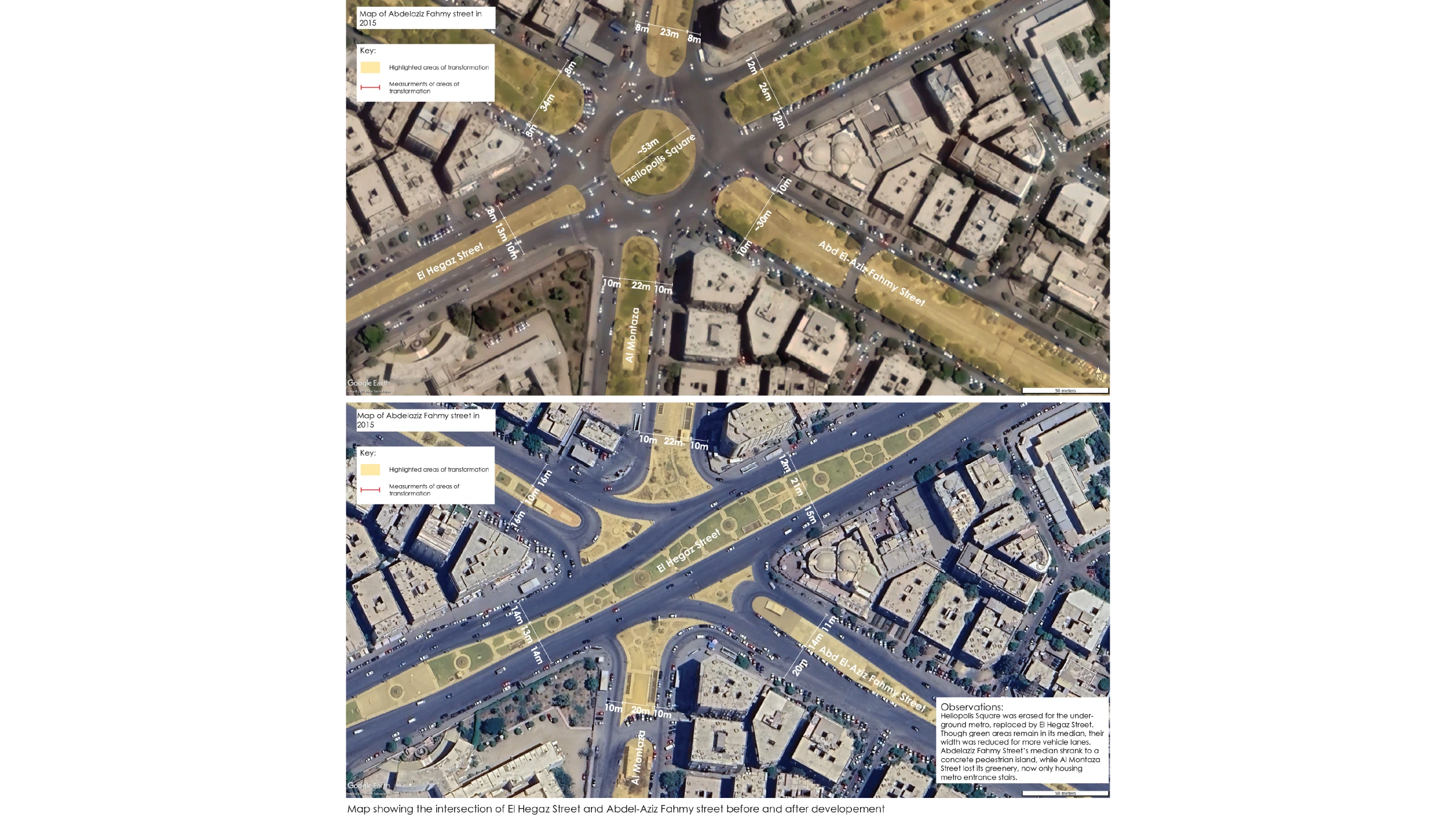 Before-and-after satellite images of a road interchange, from the Living with Conflict project