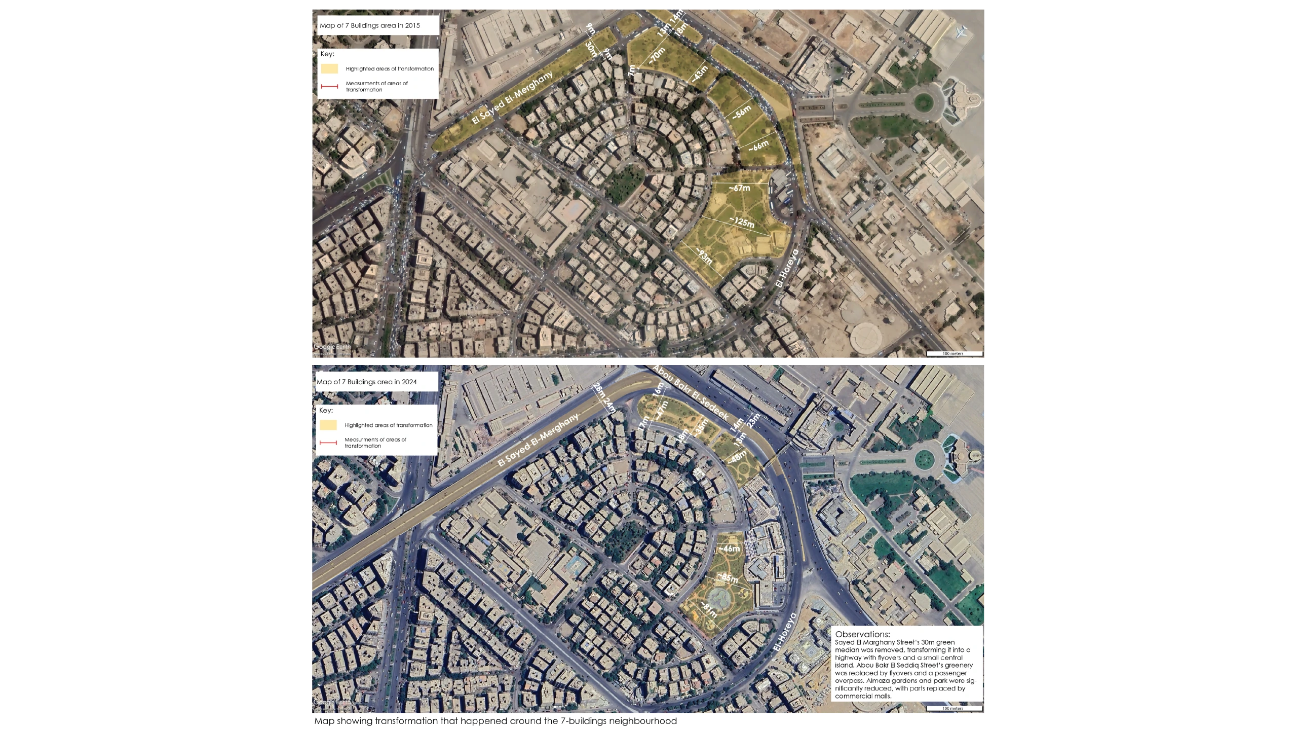 Before-and-after satellite images of a neighbourhood's streets, from the Living with Conflict project