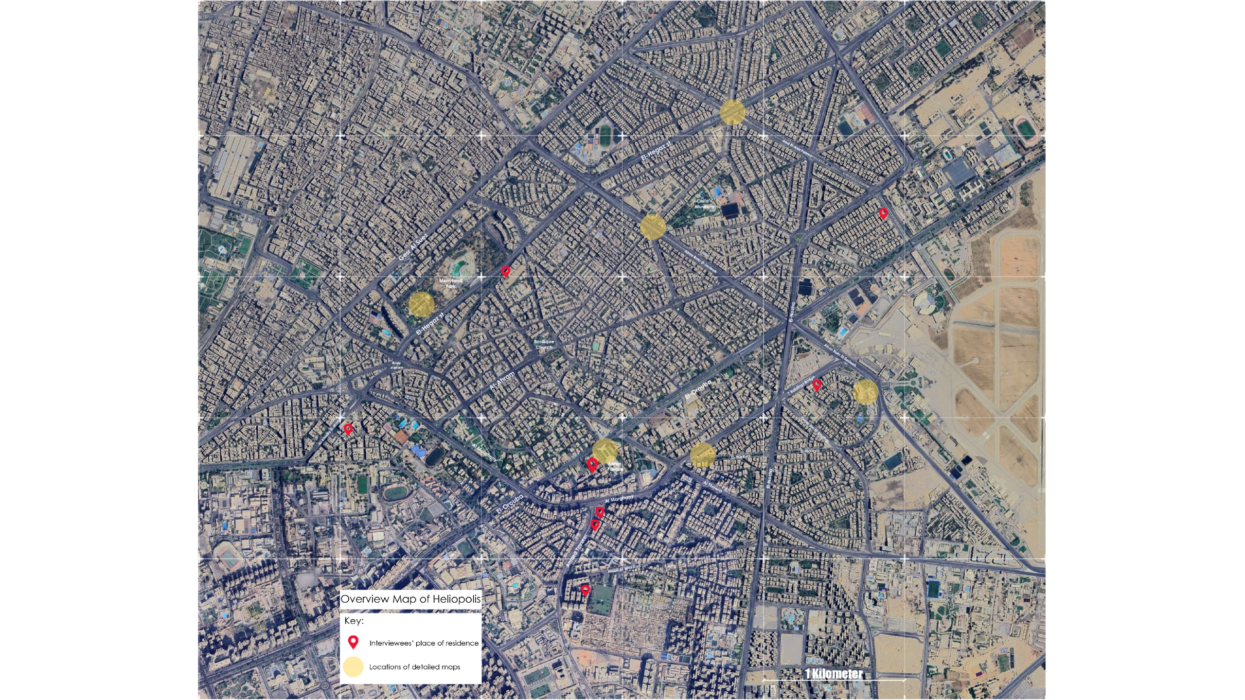 Satellite map of a dense neighbourhood with marked locations, from the Living with Conflict project